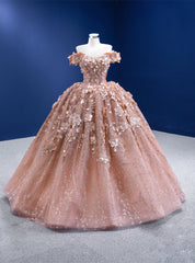 Pink Ball Gown Tulle Sequins 3D Appliques Prom Dress