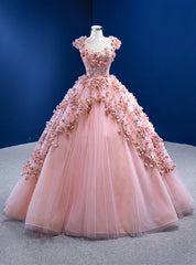 Pink Ball Gown Tulle Sequins Cap Sleeve Prom Dress