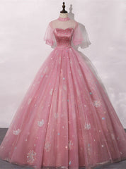 Pink Ball Gown Tulle Short Sleeve Beading Quinceanera Dress