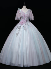 Pink Blue Tulle V-neck Pleats Quinceanera Dress