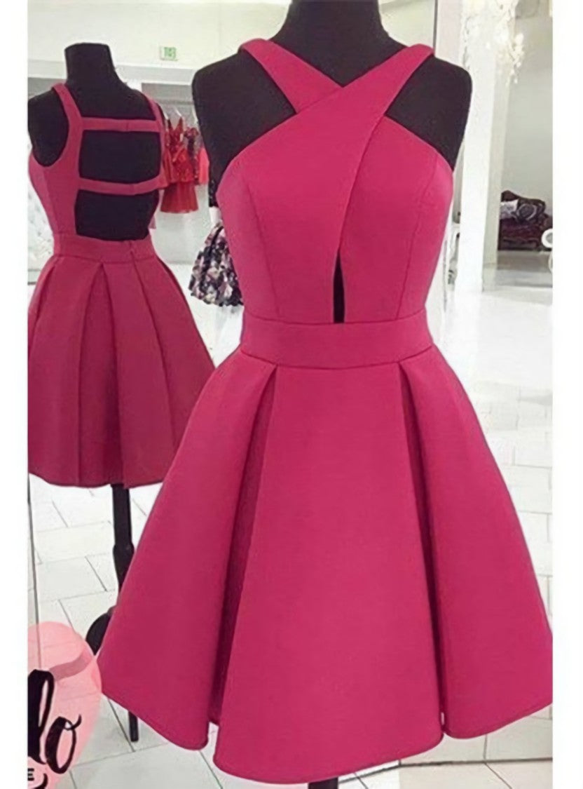 Pink Halter Neck Short A-Line Evening Homecoming Dress Featuring Cutout Back