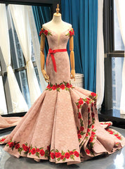 Pink Mermaid Lace Red Appliques Off The Shoulder Prom Dress With Sash