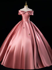 Pink Satin Off the Shoulder Beading Flower Quinceanera Dress