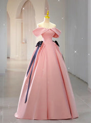 Pink Satin Off the Shoulder Bow Prom Dress