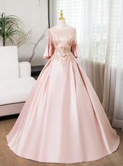 Pink Satin Short Sleeve Appliques Quinceanera Dress