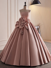 Pink Satin Strapless Flower Prom Dress