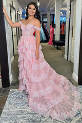 Pink Sequin Appliques Off-the-Shoulder Ruffle Tiered Long Gown