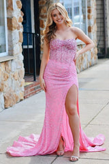 Pink Strapless Sequins Mermaid Long Prom Dress With Split