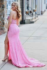 Pink Strapless Sequins Mermaid Long Prom Dress With Split