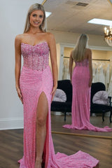 Pink Strapless Sequins Mermaid Long Prom Dress With Split