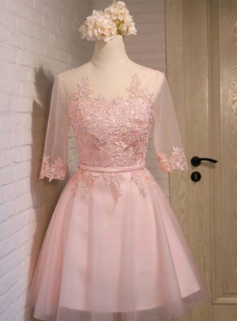 Pink Tulle Lace 3/4 Sleeve Homecoming Dress