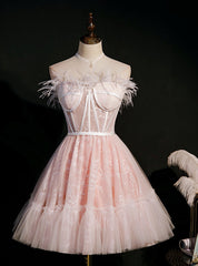 Pink Tulle Lace Feather Homecoming Dress