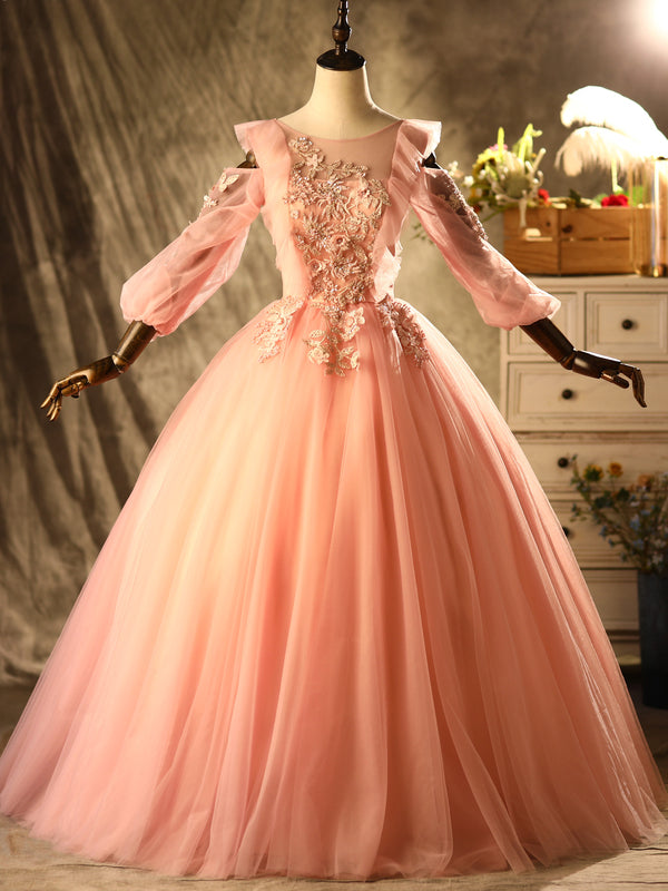 Pink Tulle Long Sleeve Appliques Beading Quinceanera Dress