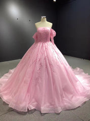 Pink Tulle Long Sleeve Off the Shoulder Pearls Prom Dress