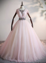 Pink Tulle Pleats Beading Crystal Quinceanera Dress