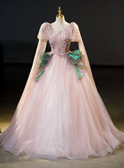 Pink Tulle Sequins Long Sleeve Appliques Quinceanera Dress