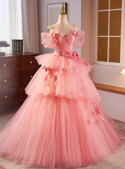 Pink Tulle Spaghetti Straps Pleats Flower Prom Dress