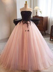 Pink Tulle Strapless Black Appliques Beading Prom Dress