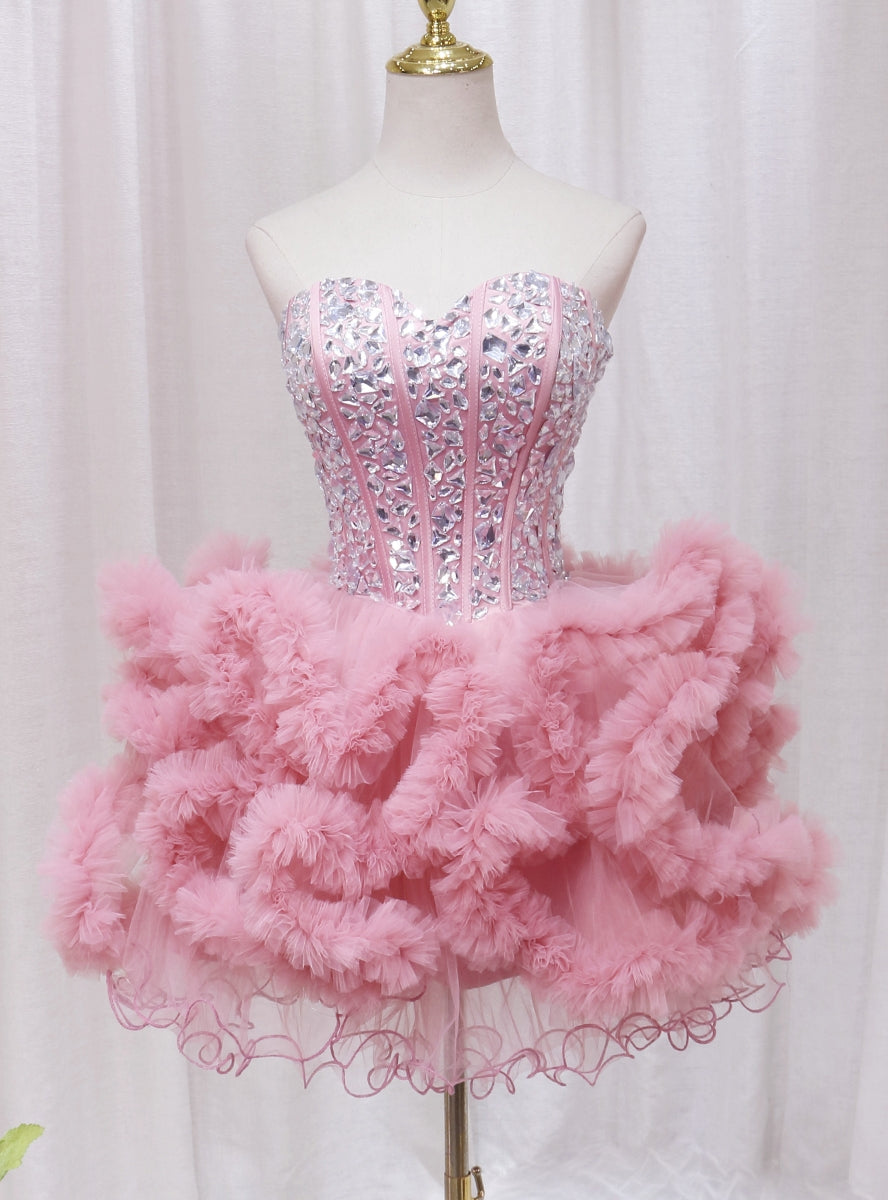 Pink Tulle Sweetheart Crystal Homecoming Dress