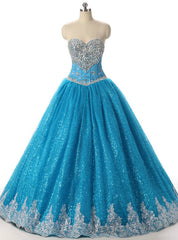 Princess Blue Ball Gown Tulle Sweetheart Neck Crystal Quinceanera Dresses