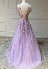 Princess Spaghetti Straps Floor-Length Tulle Prom Dress With Beading Appliqued