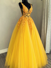 Formal Dress Gown, Yellow Tulle With Lace Applique Long Party Dress, A-Line Yellow Formal Dress