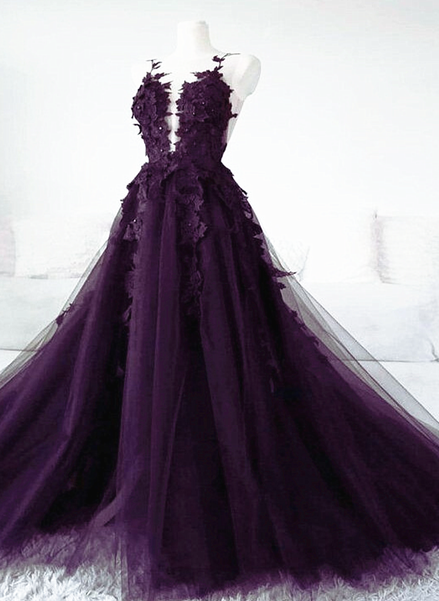 Wedding Dress Cost, Dark Purple Tulle With Lace Applique Long Wedding Party Dress, Purple Formal Dress