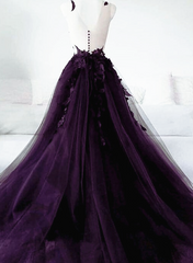 Wedding Dresses Costs, Dark Purple Tulle With Lace Applique Long Wedding Party Dress, Purple Formal Dress