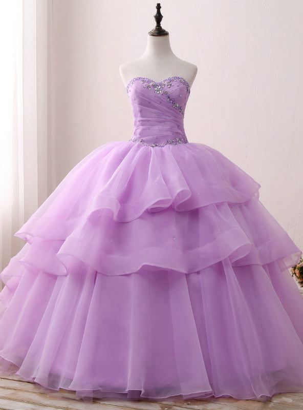 Purple Ball Gown Organza Sweetheart neck Sweet 15 Dresss With Crystal