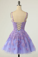 Purple Homecoming Dresses Spaghetti Straps Short Prom Dresses A-line V-neck Tulle Lace Backless