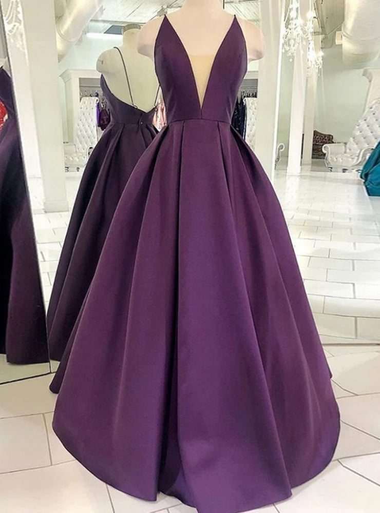 Purple Satin Deep V-neck Prom Dress