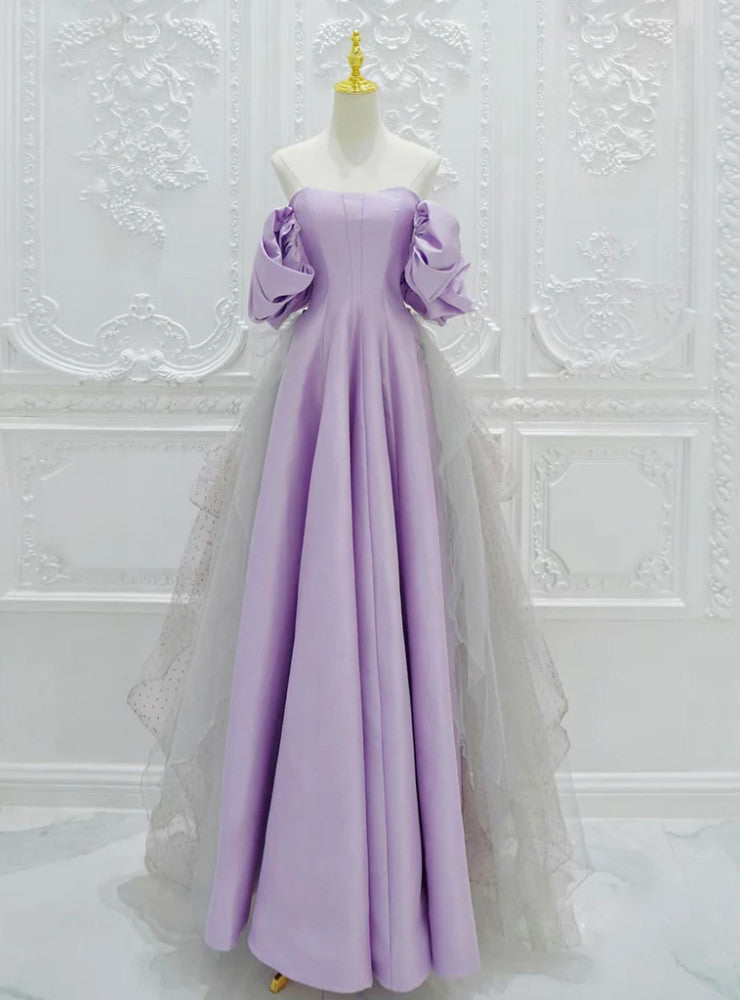 Purple Satin Tulle Off the Shoulder Prom Dress