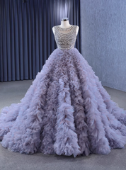 Purple Tulle Ball Gown Crystal Prom Dress