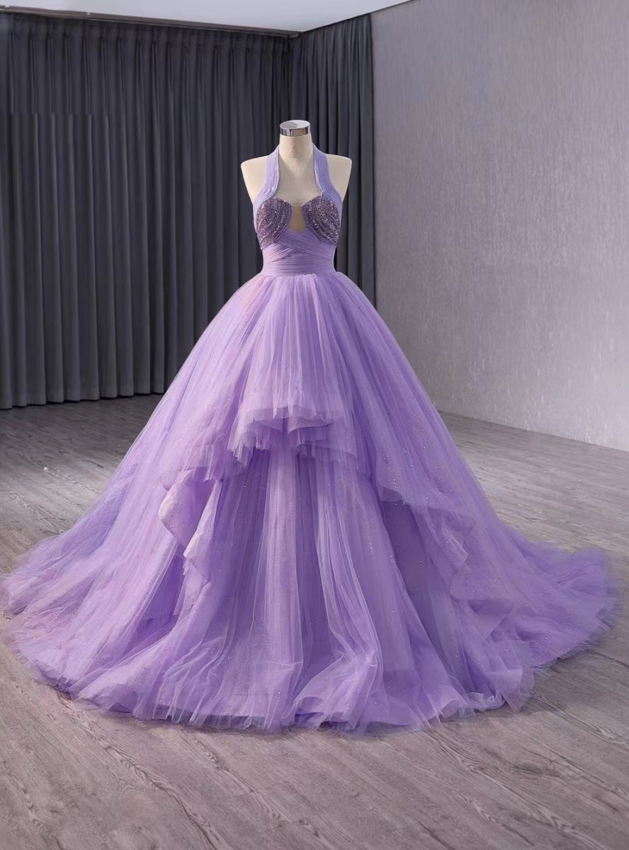 Purple Tulle Halter Pleats Beading Seqiuns Prom Dress