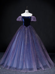 Purple Tulle Sequins Off the Shoulder Puff Sleeve Quinceanera Dress