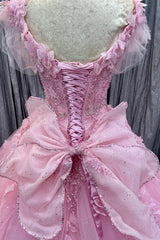 Quinceanera Dress Pink Tulle 3D Floral Lace Bow-Back Ball Gown with Flutter Sleeves