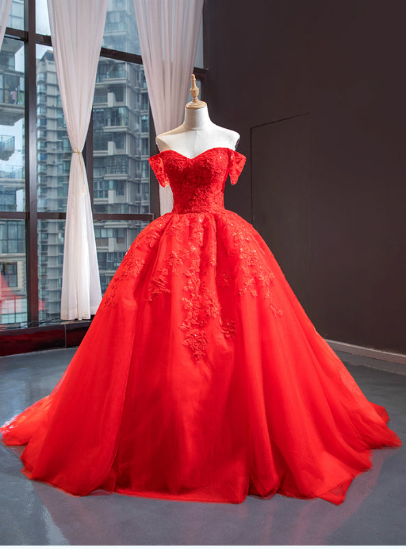 Red Ball Gown Tulle Appliques Off the Shoulder Beading Prom Dress