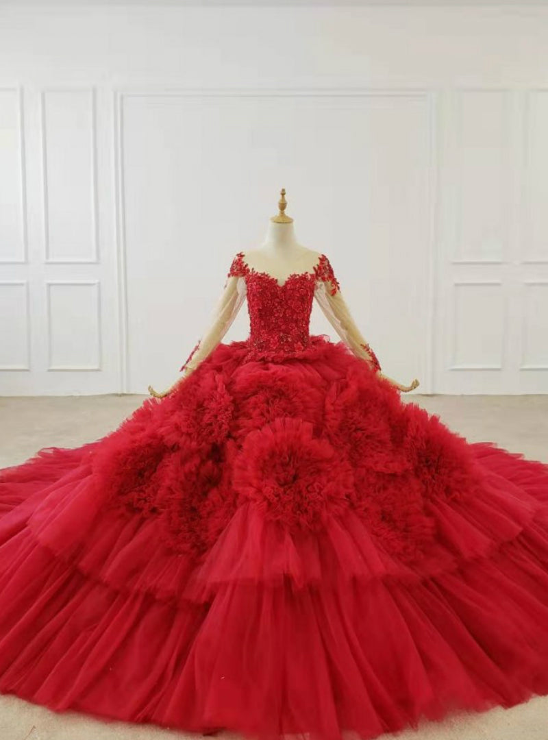 Red Ball Gown Tulle Long Sleeve Appliques Beading Wedding Dress With Train