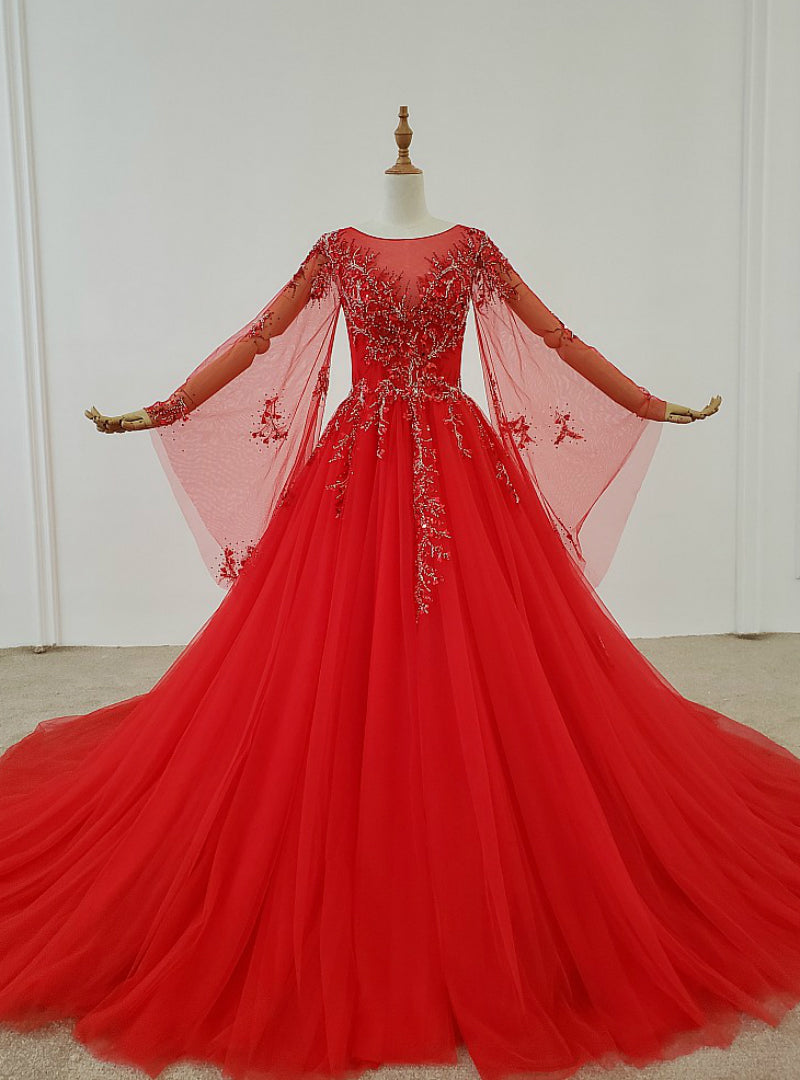 Red Ball Gown Tulle Long Sleeve Beading Sequins Wedding Dress