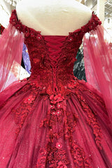 Red Long Sleeves 3D Flowers Quinceanera Dresses Appliqued