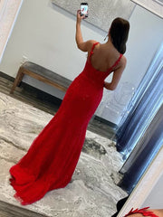 Red Mermaid Halter Lace Mermaid Long Prom Dress