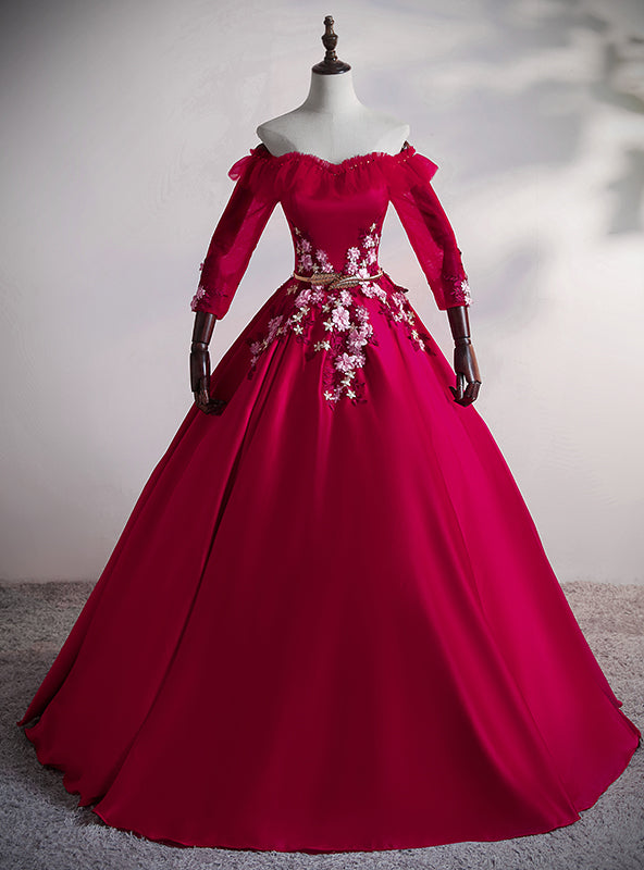 Red Satin Short Sleeve Appliques Quinceanera Dress