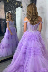 Red Tulle Off-the-Shoulder Ruffle Tiered Long Prom Dress