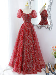 Red Tulle Sequins Square Puff Sleeve Prom Dress