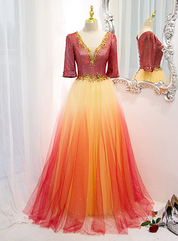 Red Tulle Sequins V-neck Short Sleeve Prom Dress