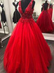 Red Tulle V-neck Backless Flower Beading Prom Dress