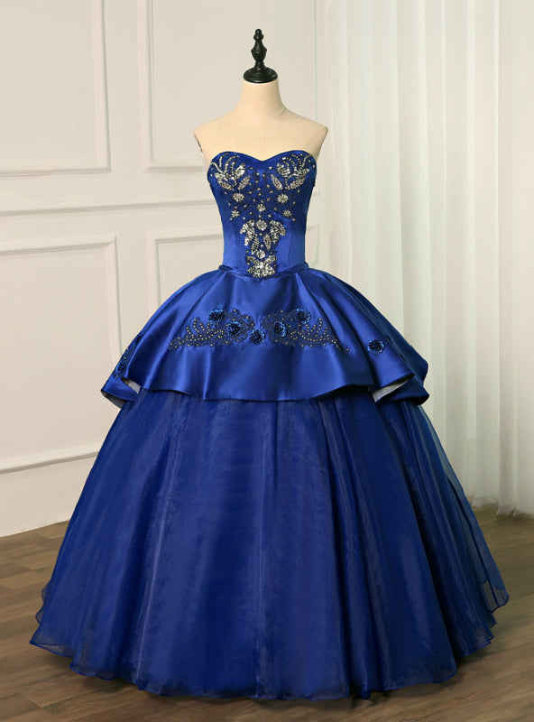 Royal Blue Ball Gown Satin Tulle Sweetheart Appliques Beading Sequins Quinceanera Dresses