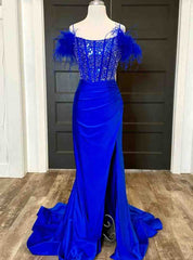 Royal Blue Mermaid Crystal Feather Prom Dress