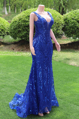 Royal Blue Prom Dresses Sequins V Neck Mermaid Women Evening Dresses Sleeveless