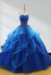 Royal Blue Quinceanera Dresses Organza Lace Applique Prom Dresses